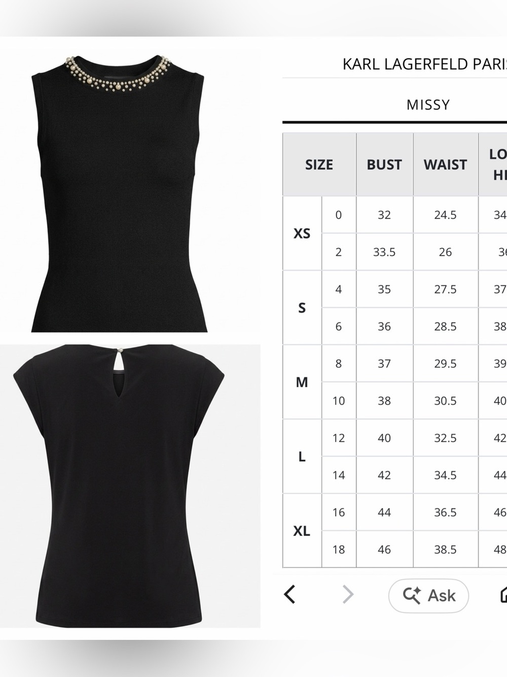 Karl Lagerfeld Black Sleeveless Faux Pearl-Trim Shell Top S